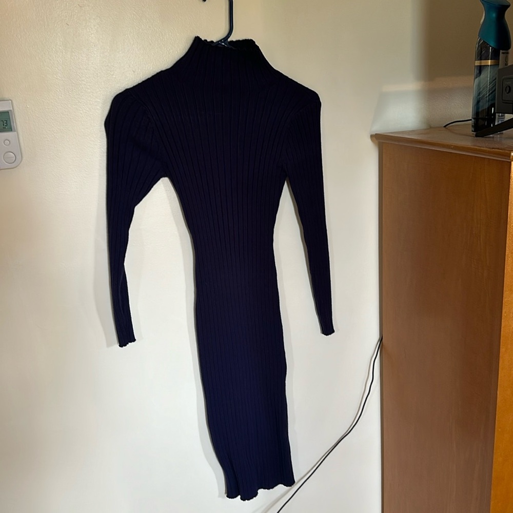 Navy blue ribbed turtleneck sweater dress